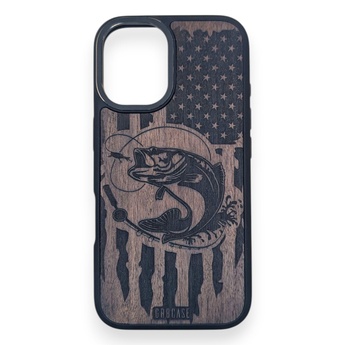 Bass fishing American flag wood phone case with cherry wood for iPhone and Samsung