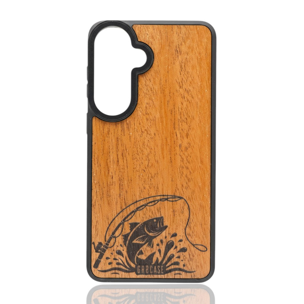Jumping Largemouth Bass and fishing rod laser-etched on a hand-finished premium wood phone case.