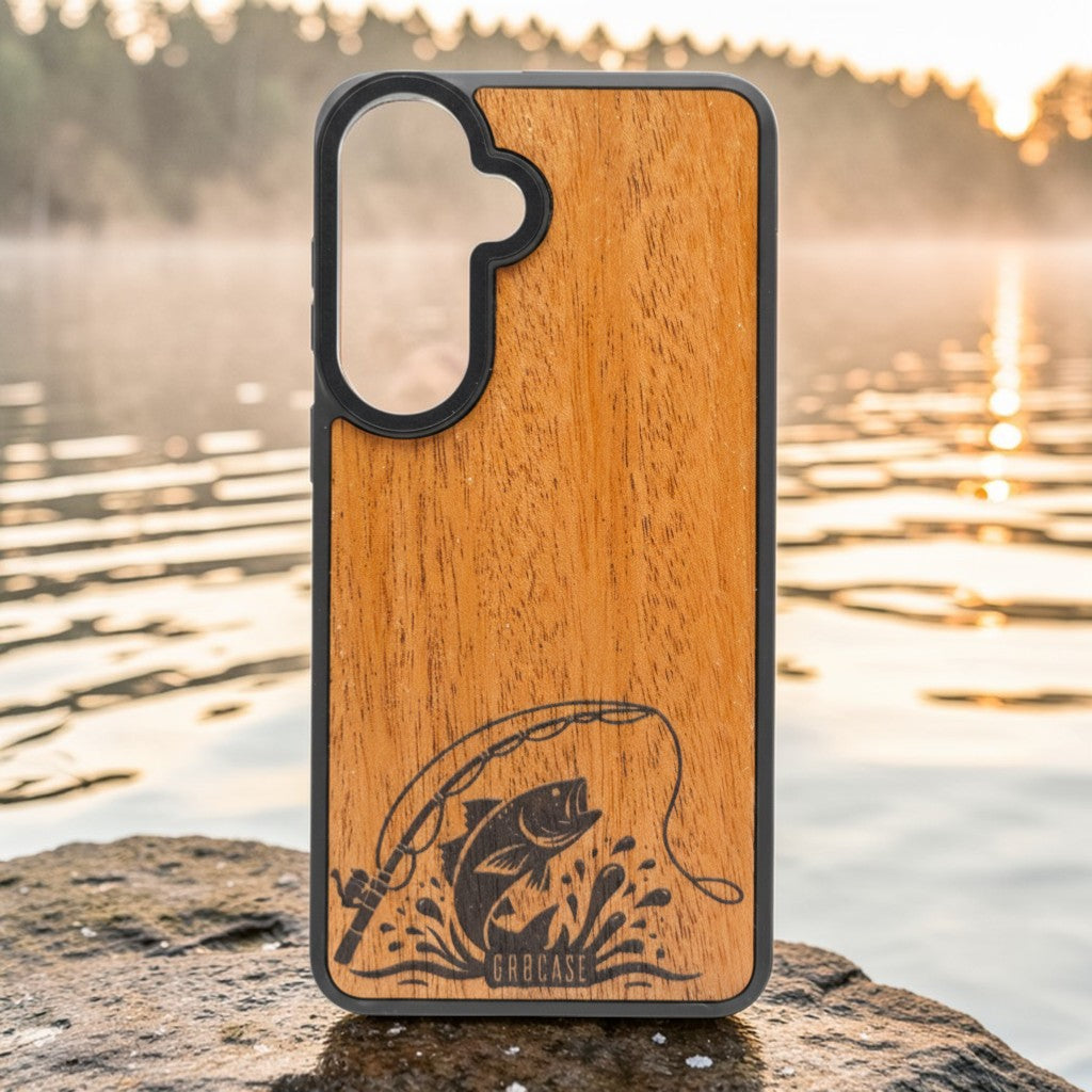 Jumping Largemouth Bass and fishing rod laser-etched on a hand-finished premium wood phone case.