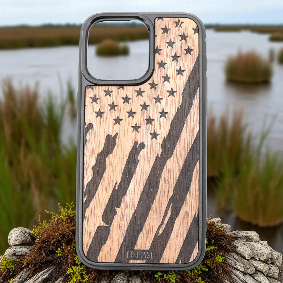Phone case with American flag design on a natural background