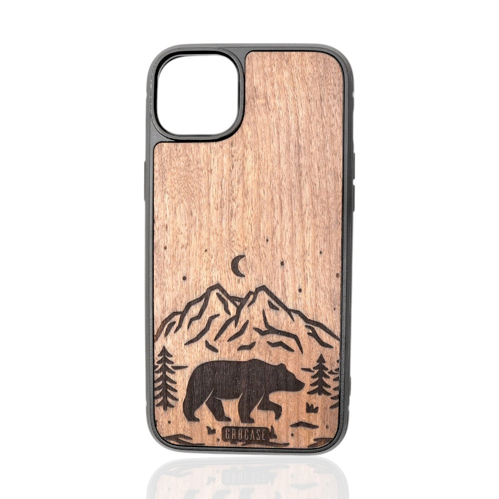 Engraved Bear iPhone case with mountains and moon, wood phone case, rustic adventure design.