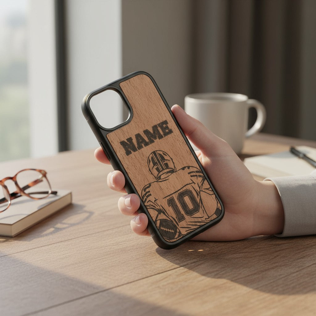Personalized football jersey wood phone case – custom engraved GR8CASE with player name and number, fits iPhone, Samsung, Pixel, Motorola