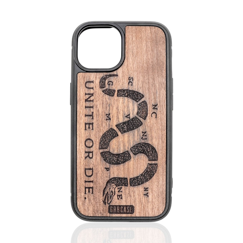 Unite or Die engraved wood phone case with snake and 13 colonies design in cherry wood for iPhone and Samsung