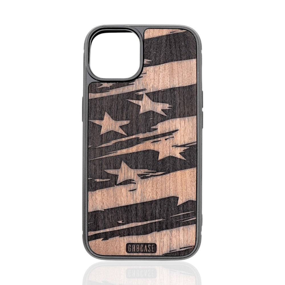 Patriotic American flag laser-engraved wood phone case in cherry, mahogany, or birch for iPhone