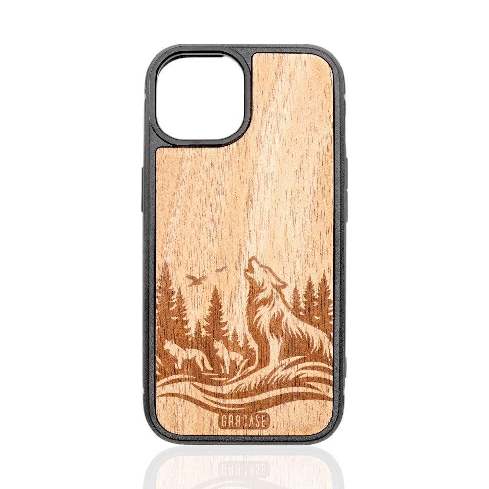 Wolf engraved wood phone case with cherry wood for iPhone and Samsung – Lone Howl design