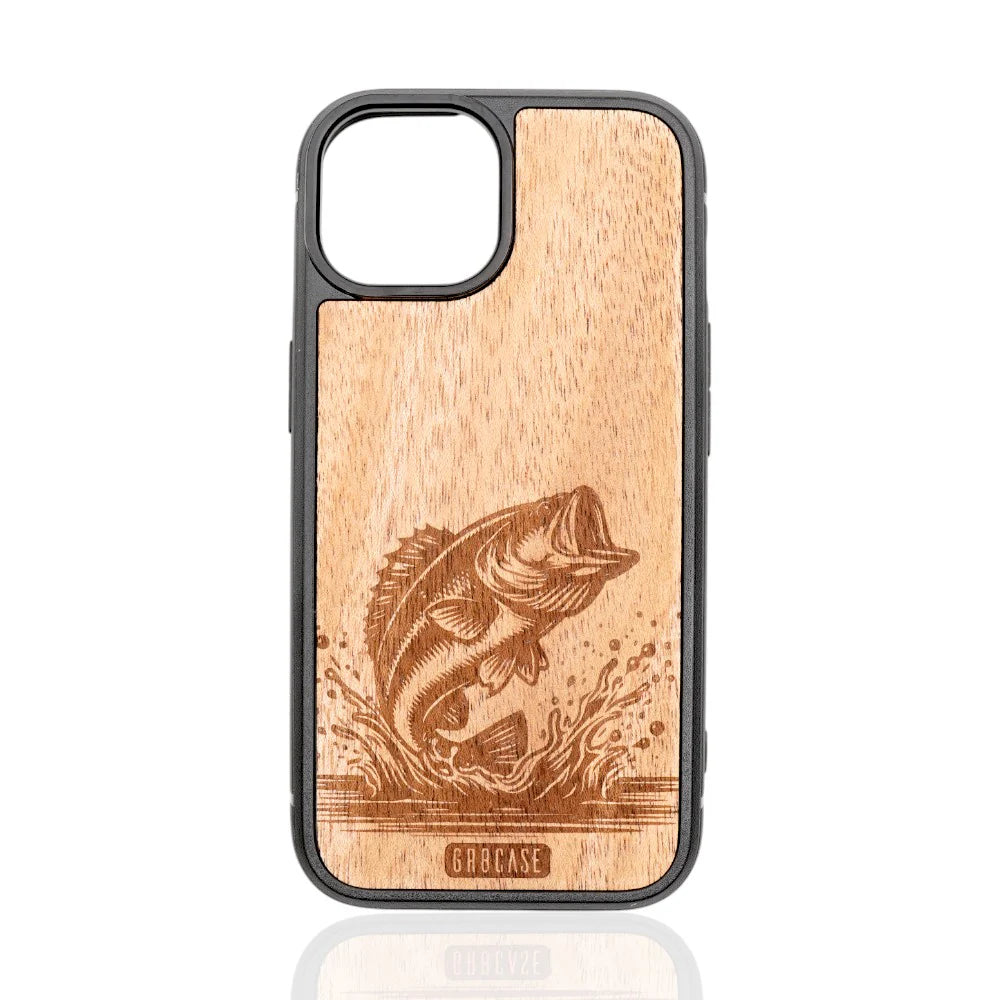 engraved bass fish wood phone case in cherry wood for iPhone and Samsung models
