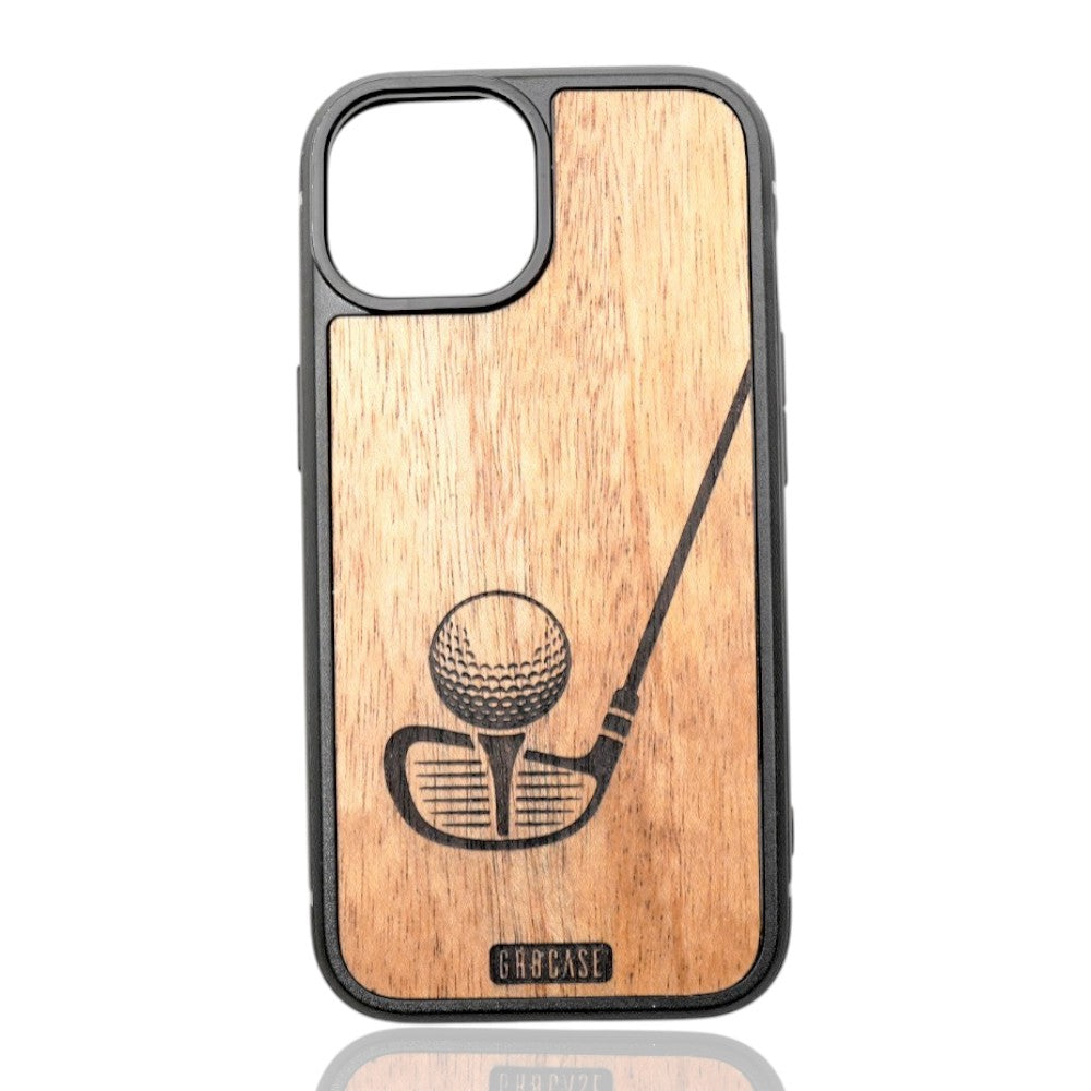 Detailed golf ball on a tee with a driver club head laser-engraved on a hand-finished wood phone case.