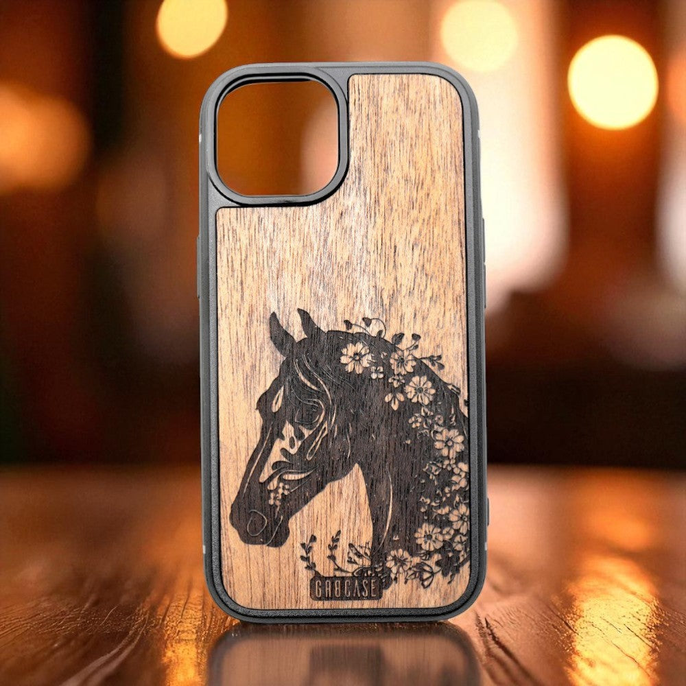 The Wildflower Spirit | Floral Horse Head Engraving | GR8CASE Wood Phone Case