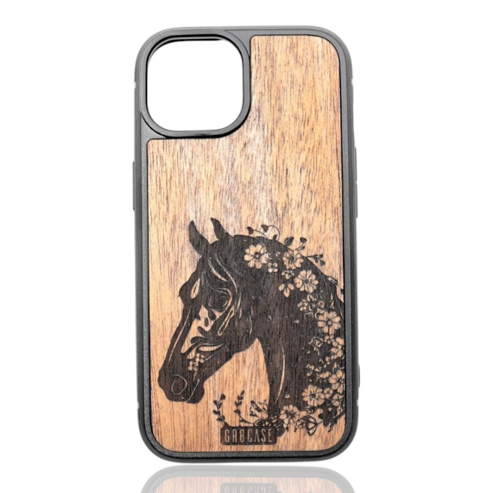 Graceful horse head with flowers in mane laser-engraved on a hand-finished premium wood phone case.
