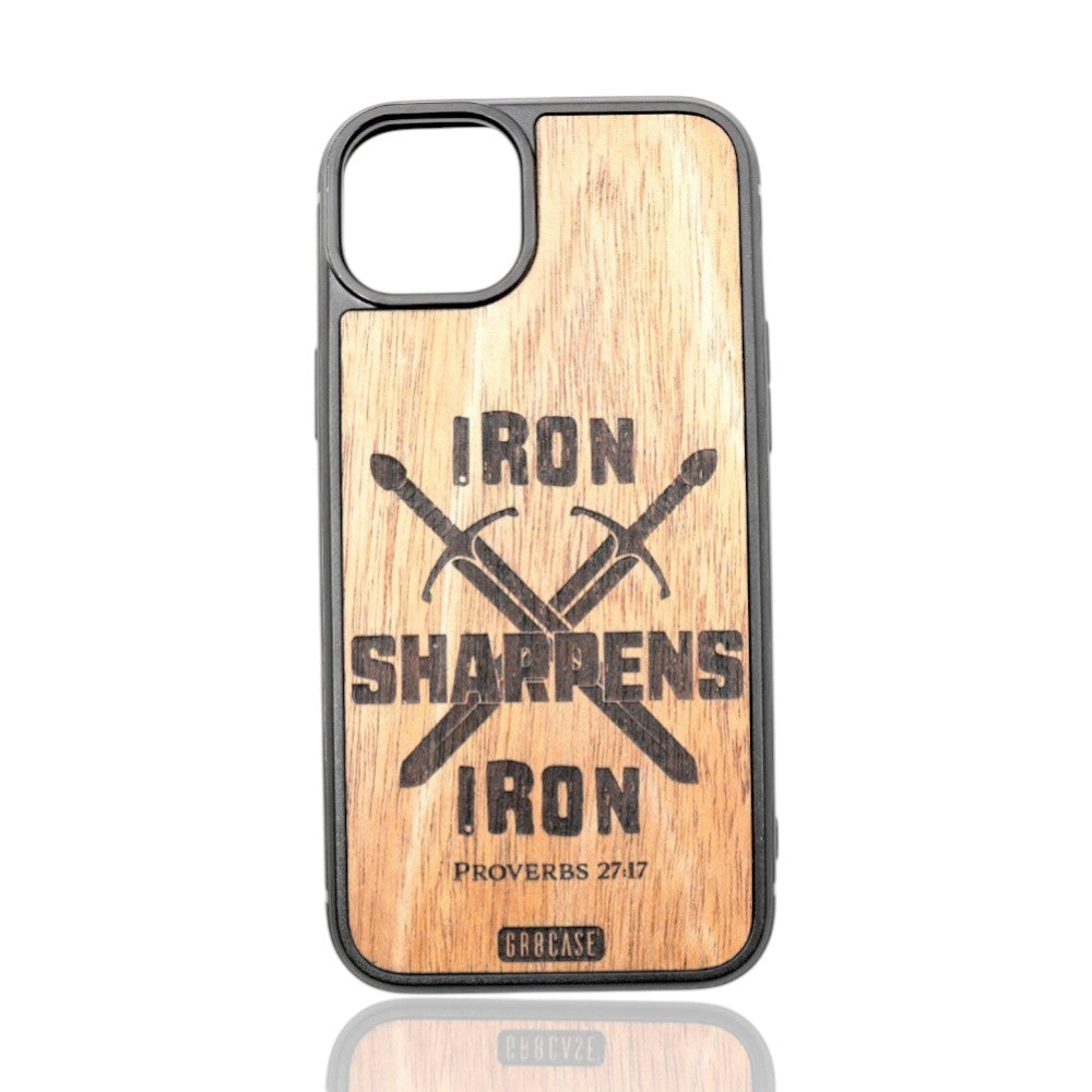 Engraved wood phone case featuring crossed swords and Iron Sharpens Iron Proverbs 27:17 text.