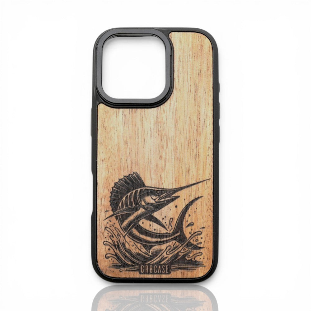 Leaping sailfish laser-engraved on a natural wood phone case by GR8CASE.