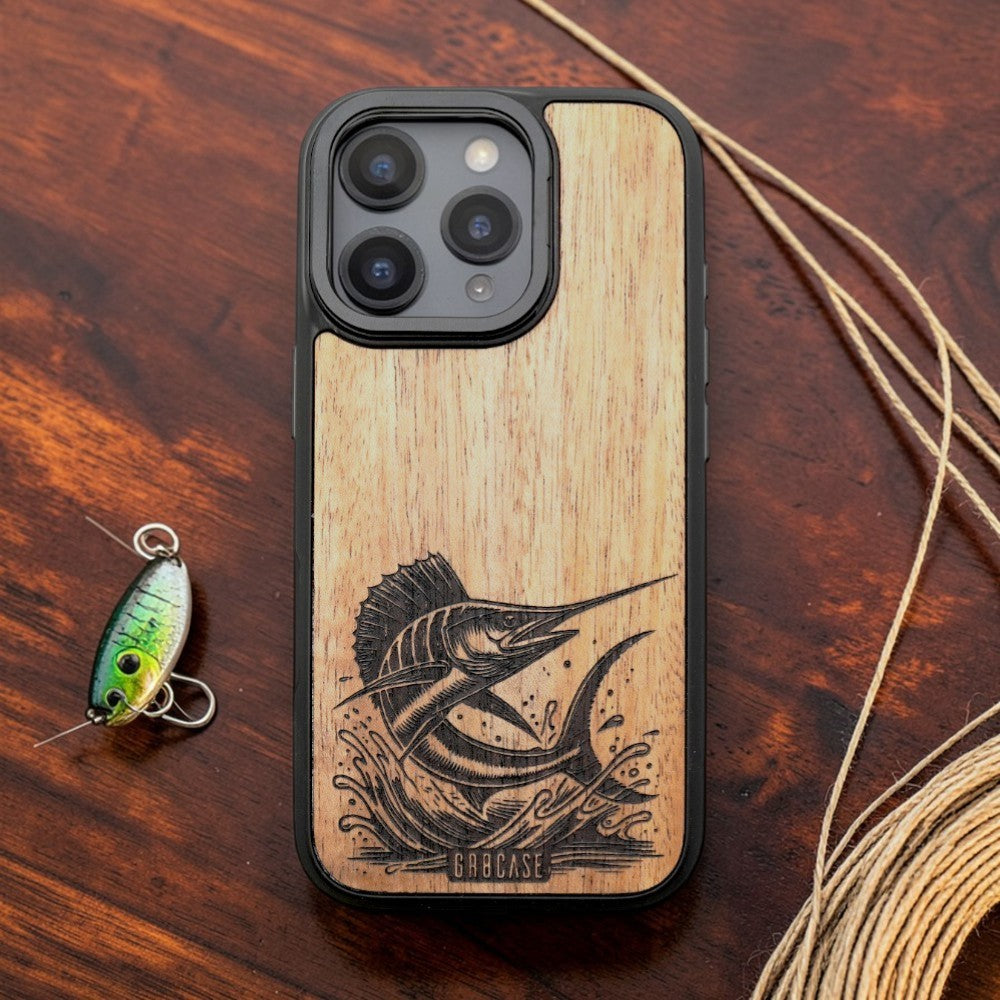 The Blue Water Strike | Leaping Sailfish Engraved | GR8CASE Wood Phone Case