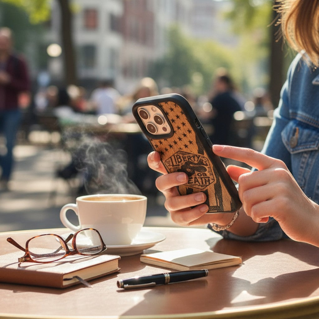 Engraved Liberty or Death snake design on American flag wood phone case by GR8CASE