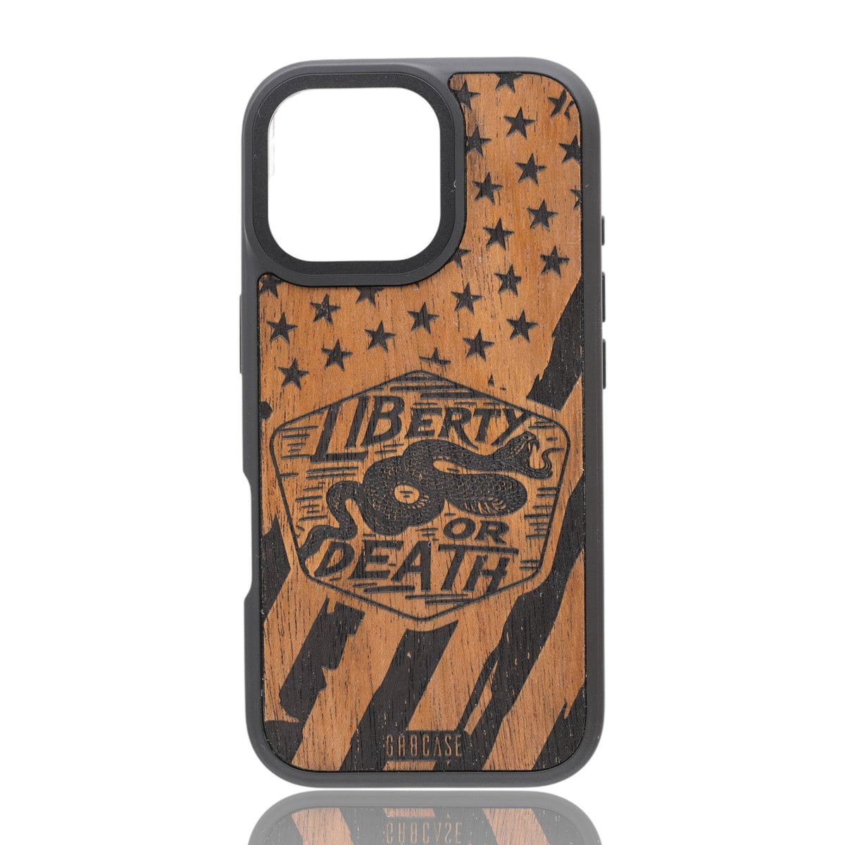 Engraved Liberty or Death snake design on American flag wood phone case by GR8CASE