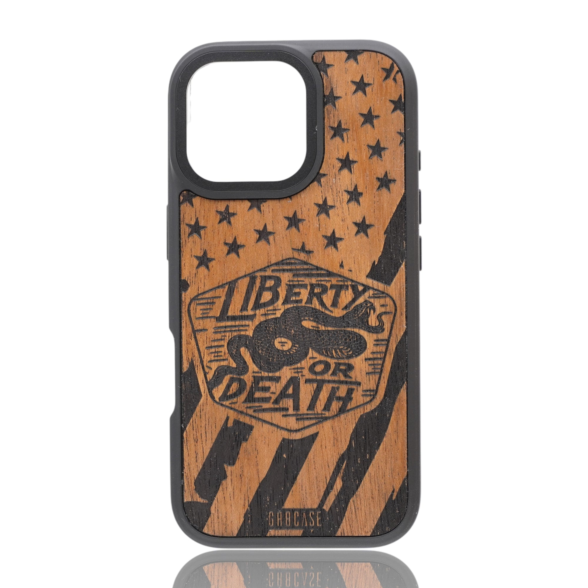Engraved Liberty or Death snake design on American flag wood phone case by GR8CASE