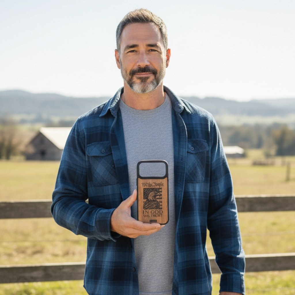 We The People - In God We Trust  engraved wood phone case with American flag and eagle design