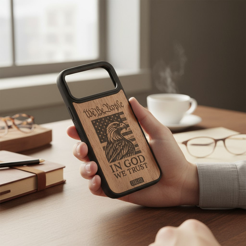 Hand holding a phone case with an eagle design and text on a desk with a cup of coffee and glasses.
