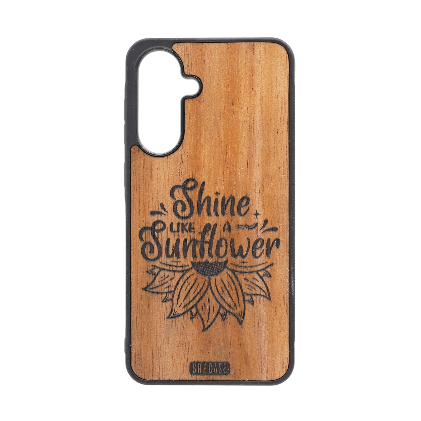 “Shine Like a Sunflower” engraved wood phone case in cherry wood by GR8CASE handcrafted