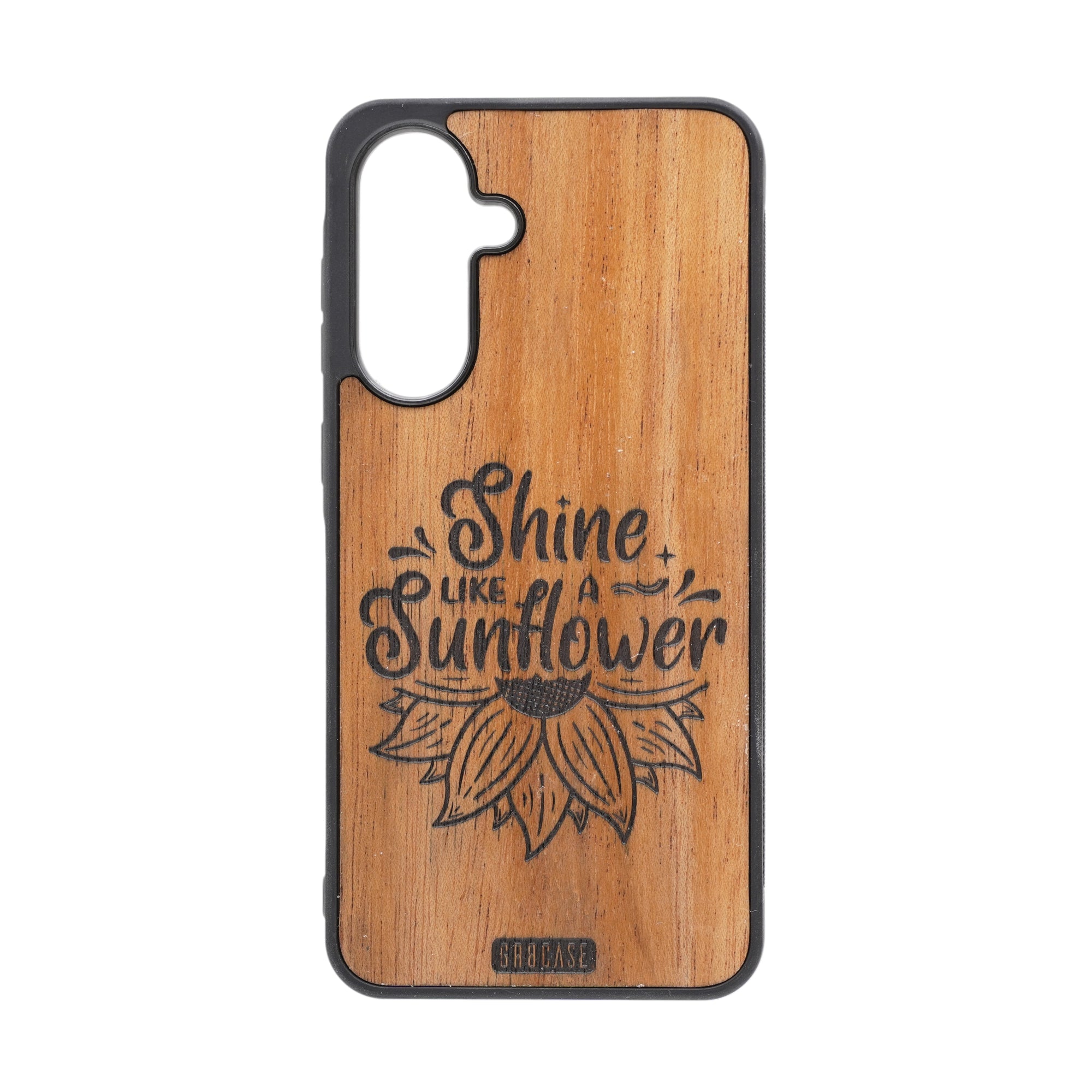 “Shine Like a Sunflower” engraved wood phone case in cherry wood by GR8CASE handcrafted