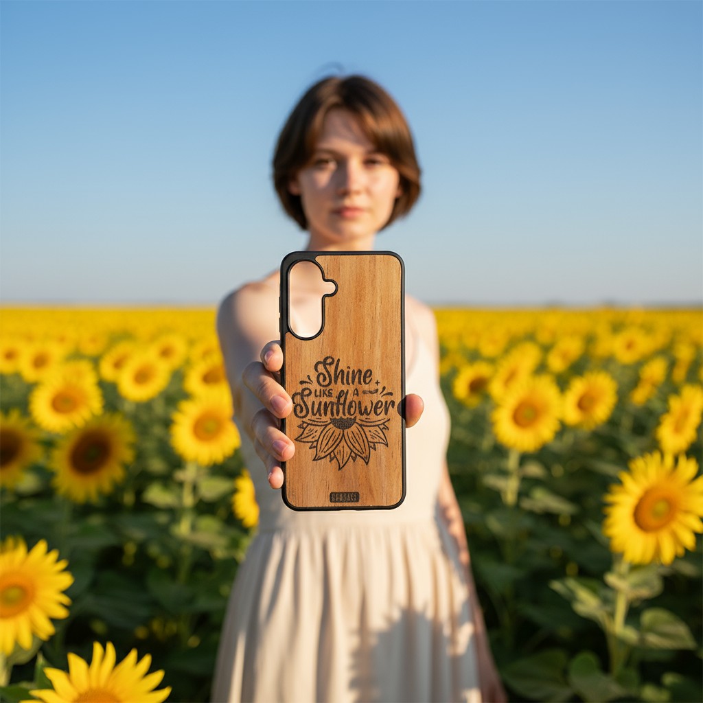 “Shine Like a Sunflower” engraved wood phone case in cherry wood by GR8CASE handcrafted