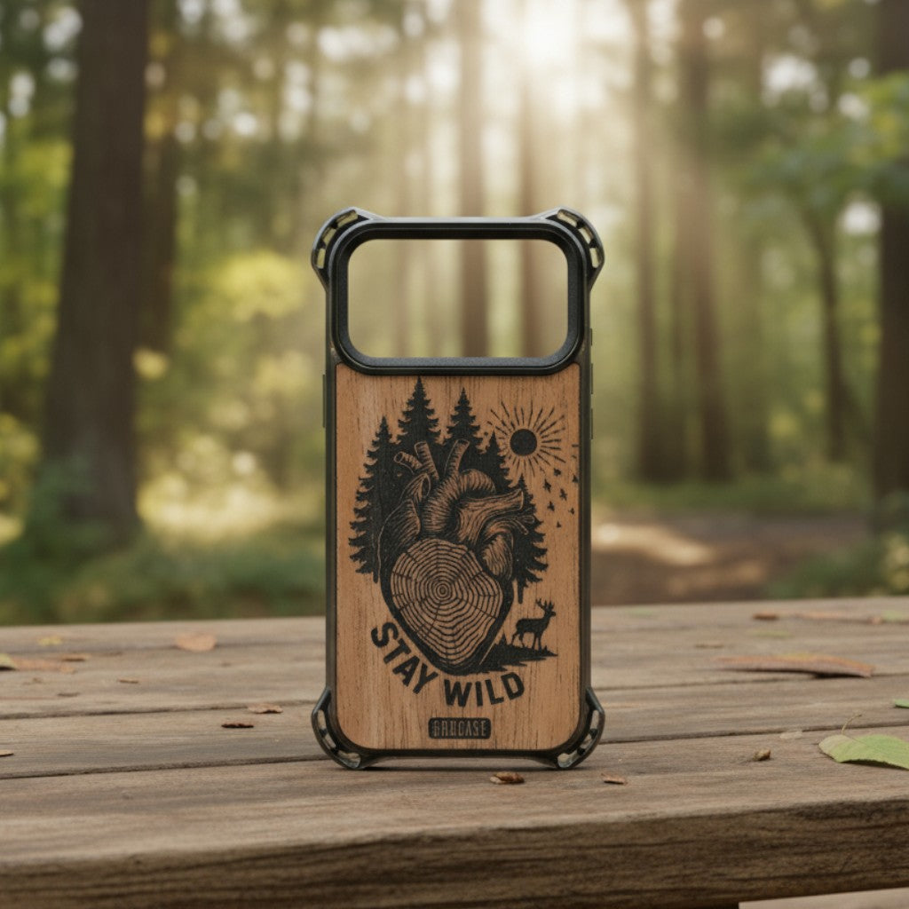 Stay Wild Tree Rings Heart engraved wood phone case by GR8CASE – handcrafted outdoor design