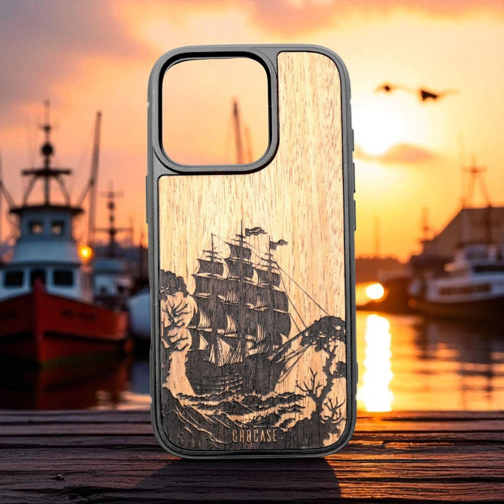 The Horizon Chaser | Vintage Tall Ship Engraving | GR8CASE Wood Phone Case