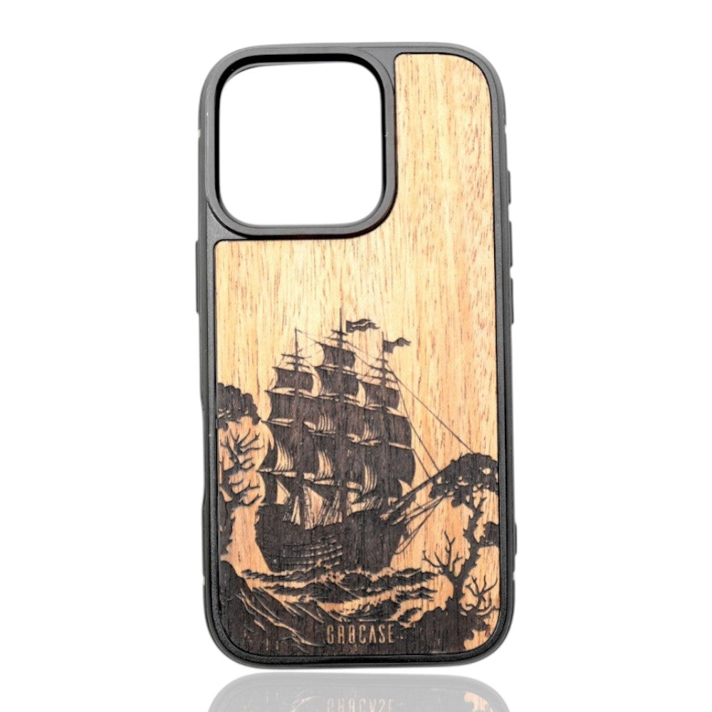 Detailed tall ship with full sails and ocean waves laser-engraved on a hand-finished premium wood phone case.
