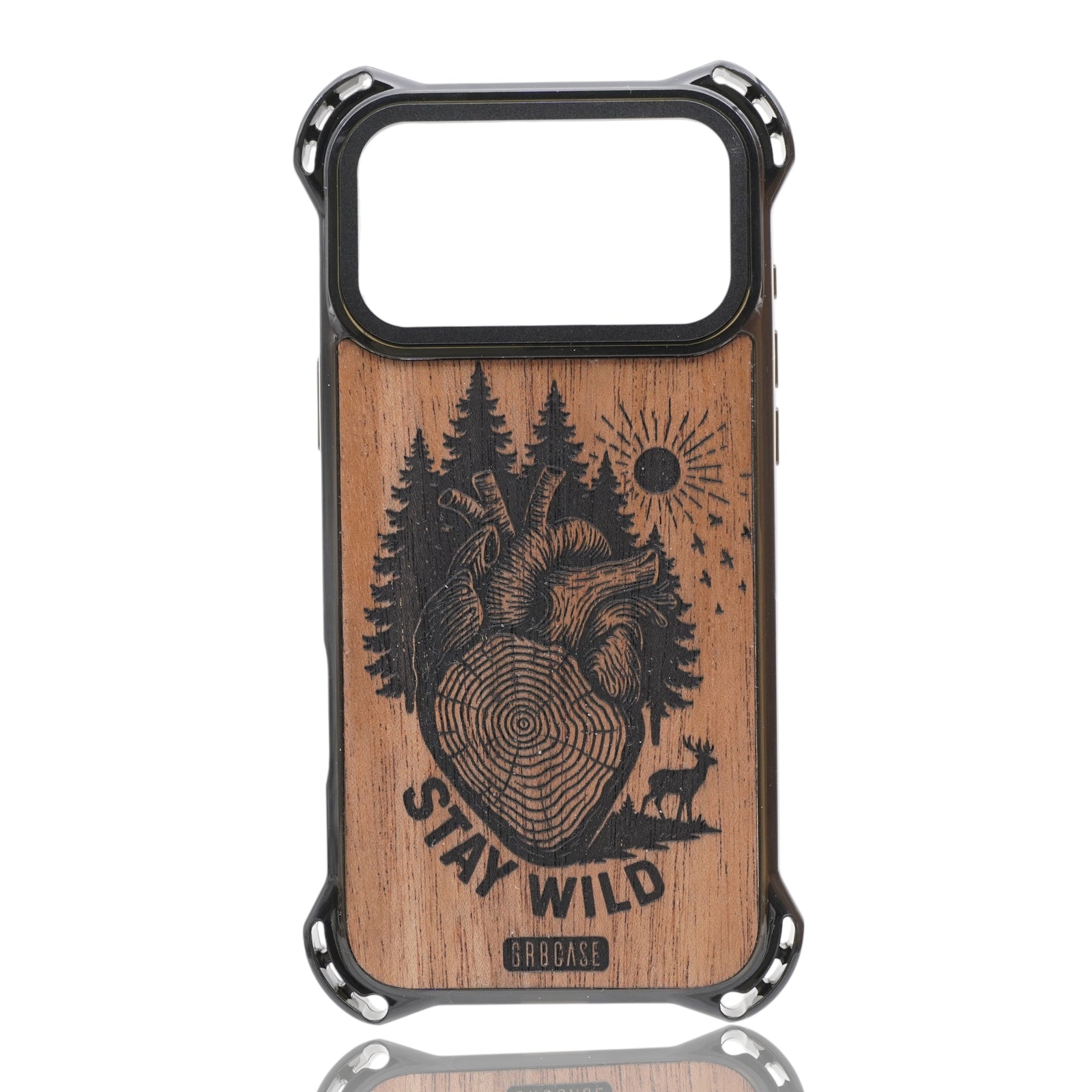 Stay Wild Tree Rings Heart engraved wood phone case by GR8CASE – handcrafted outdoor design