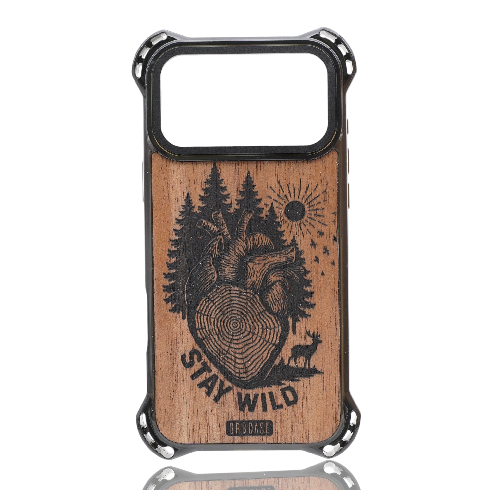 Stay Wild Tree Rings Heart engraved wood phone case by GR8CASE – handcrafted outdoor design