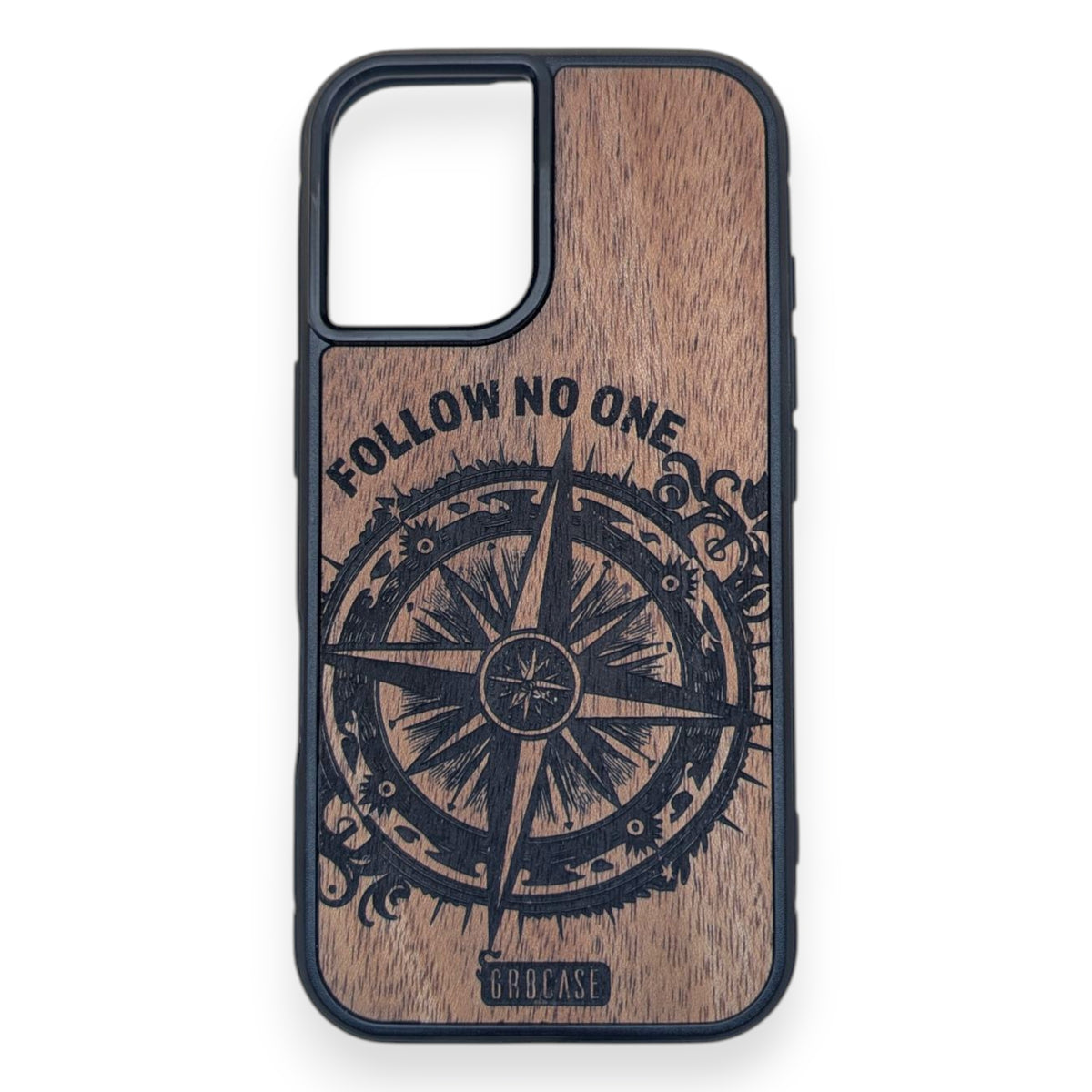 True North Compass wood phone case with engraved design on cherry hardwood
