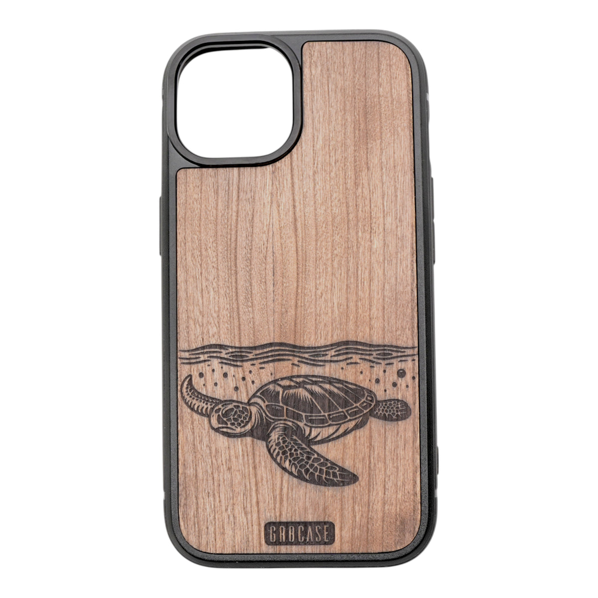 Turtle engraved wood phone case with waves – GR8CASE rustic personalized hardwood design
