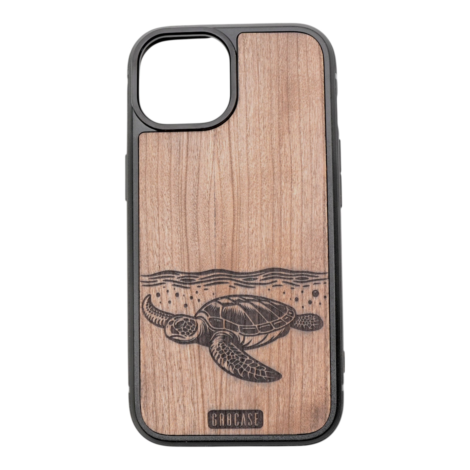 Turtle engraved wood phone case with waves – GR8CASE rustic personalized hardwood design
