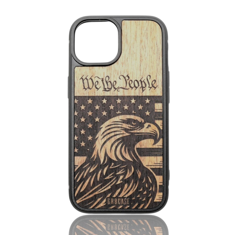 We The People calligraphic text and Bald Eagle with American flag laser-engraved on a premium wood phone case.