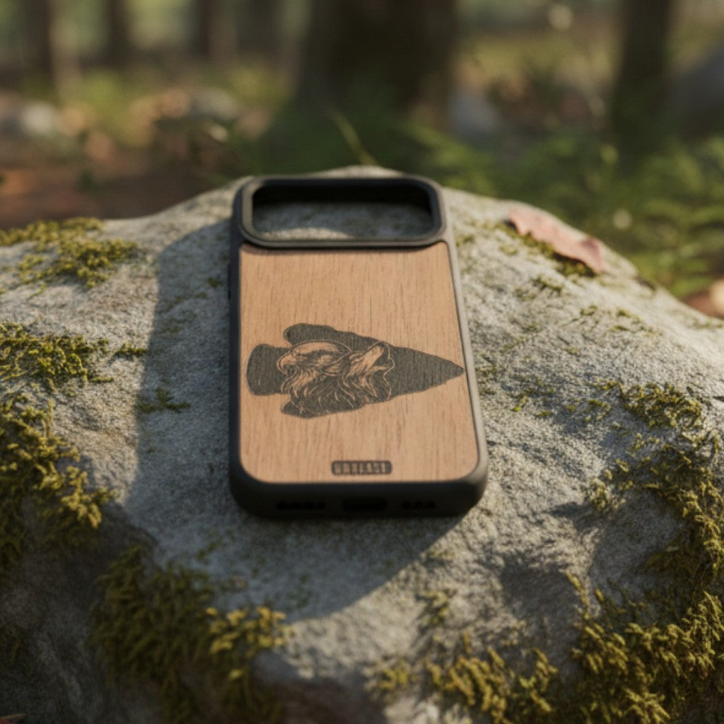 Predator Arrowhead wood phone case with eagle and wolf engraving