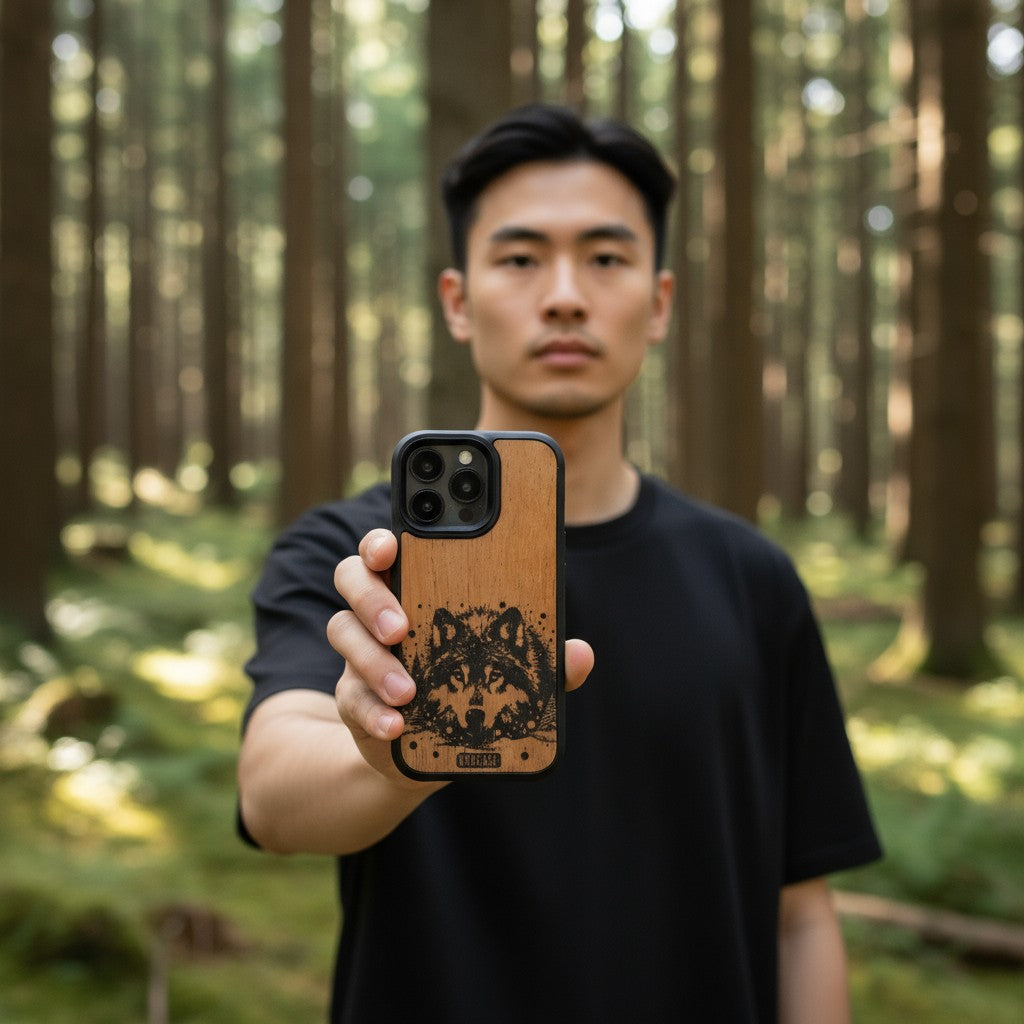 Forest Spirit Wolf engraved wood phone case by GR8CASE in midnight black finish