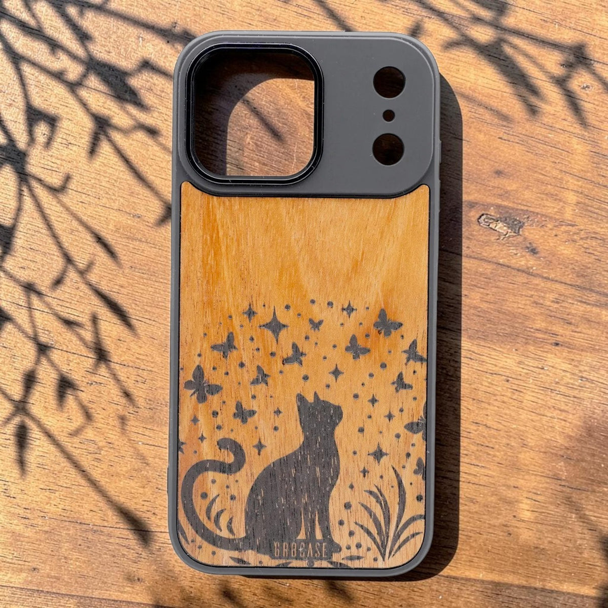 Starlight Whispers | Celestial Cat &amp; Butterflies | GR8CASE Wood Phone Case