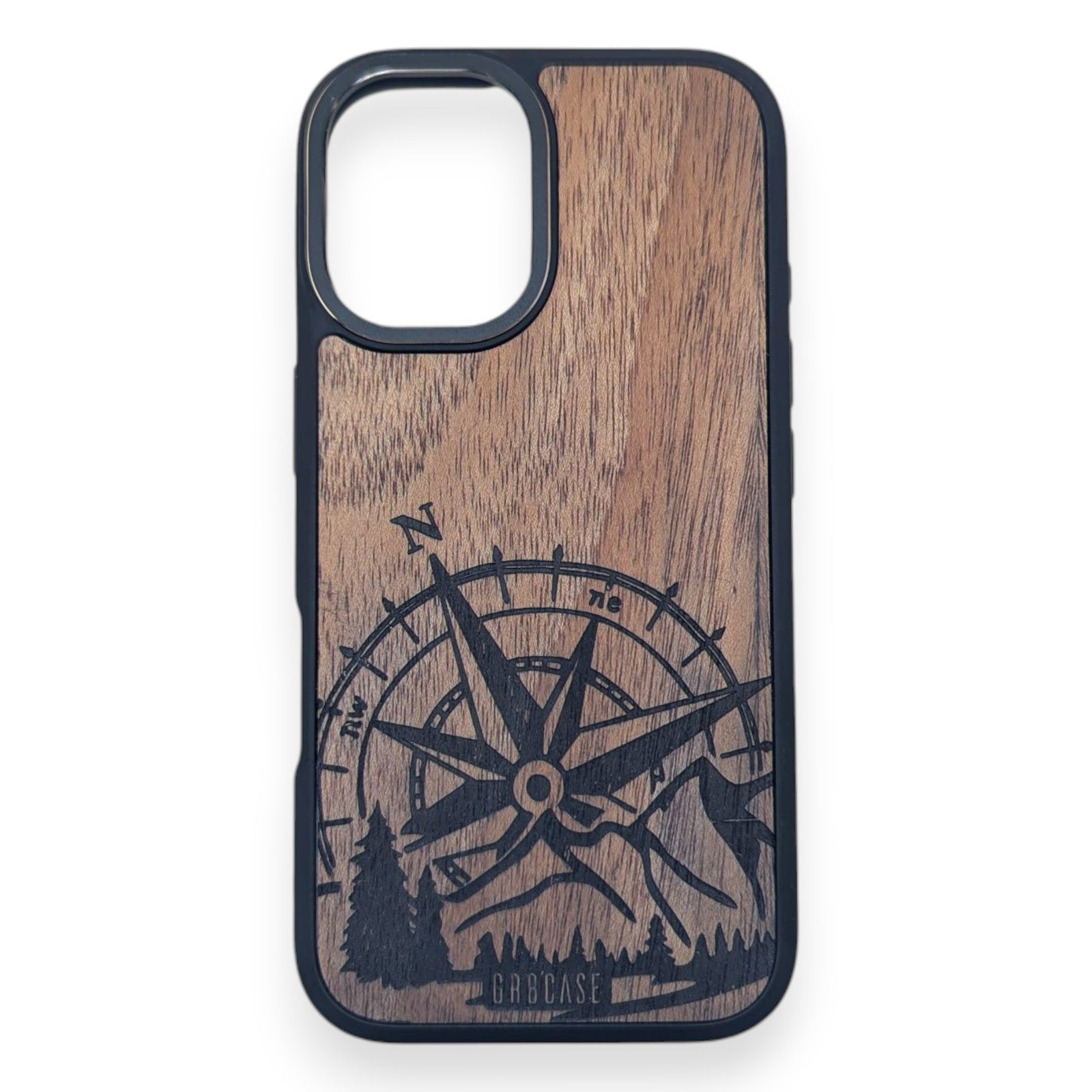 Compass engraved mountain wood phone case – rustic gift for hikers and travelers