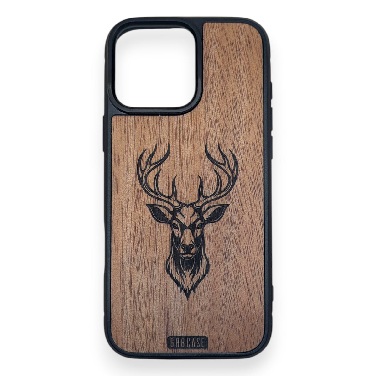 Laser engraved deer head wood phone case with rustic hardwood finish
