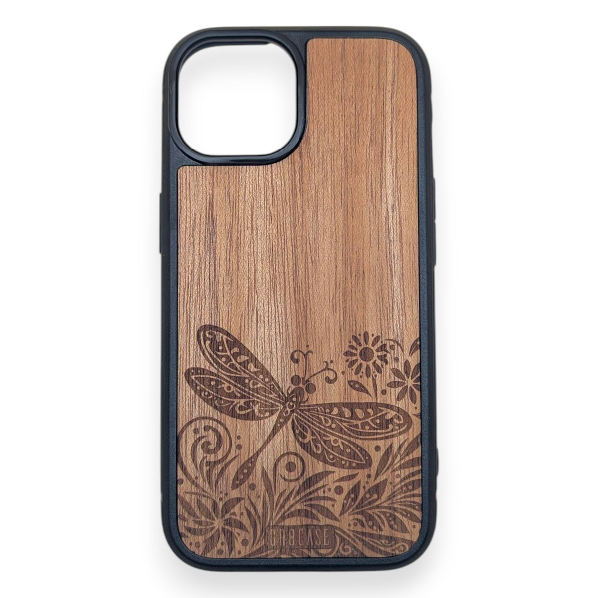 Engraved dragonfly floral wood phone case with rustic handmade finish for iPhone and Samsung

