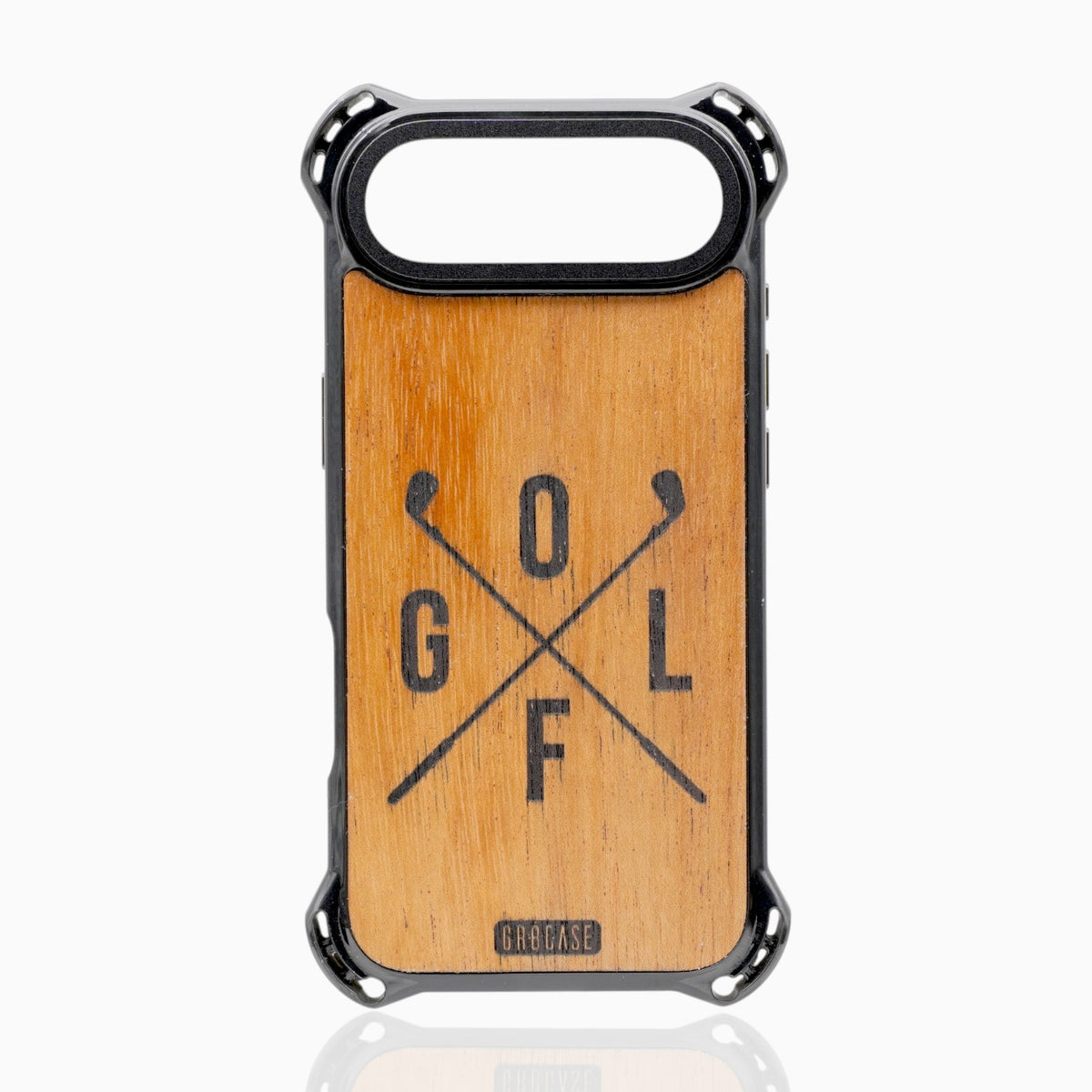 Hand-finished natural wood phone case featuring a laser-engraved crest with crossed golf clubs and G-O-L-F block lettering.
