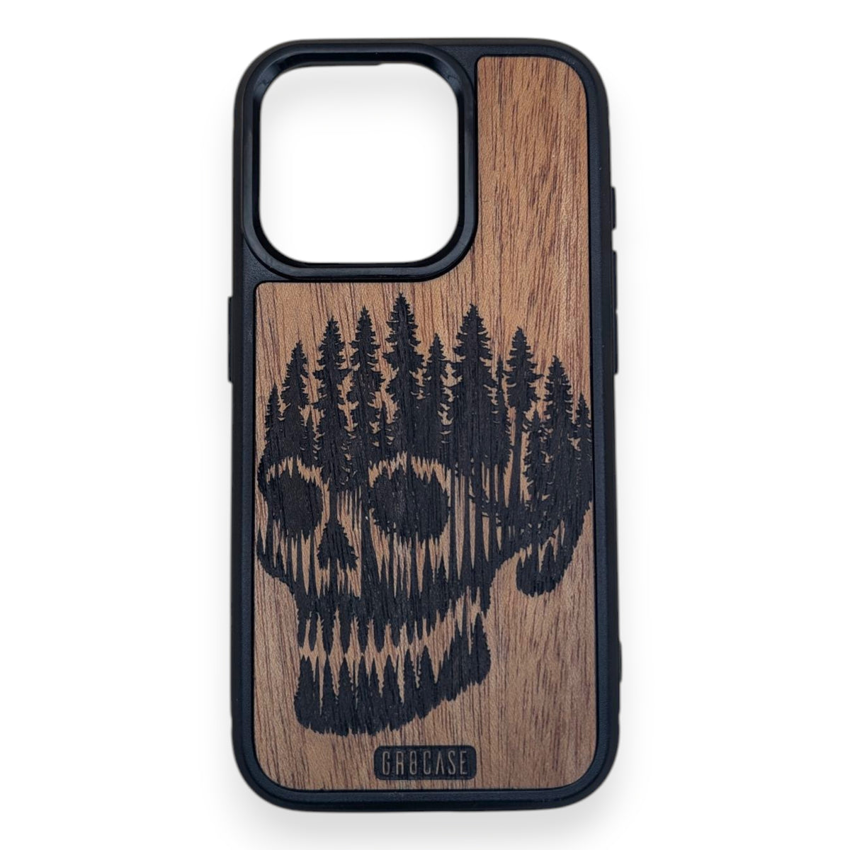 Laser engraved skull wood phone case with pine tree design by GR8CASE