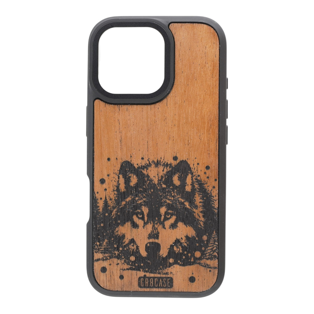Forest Spirit Wolf engraved wood phone case by GR8CASE in midnight black finish