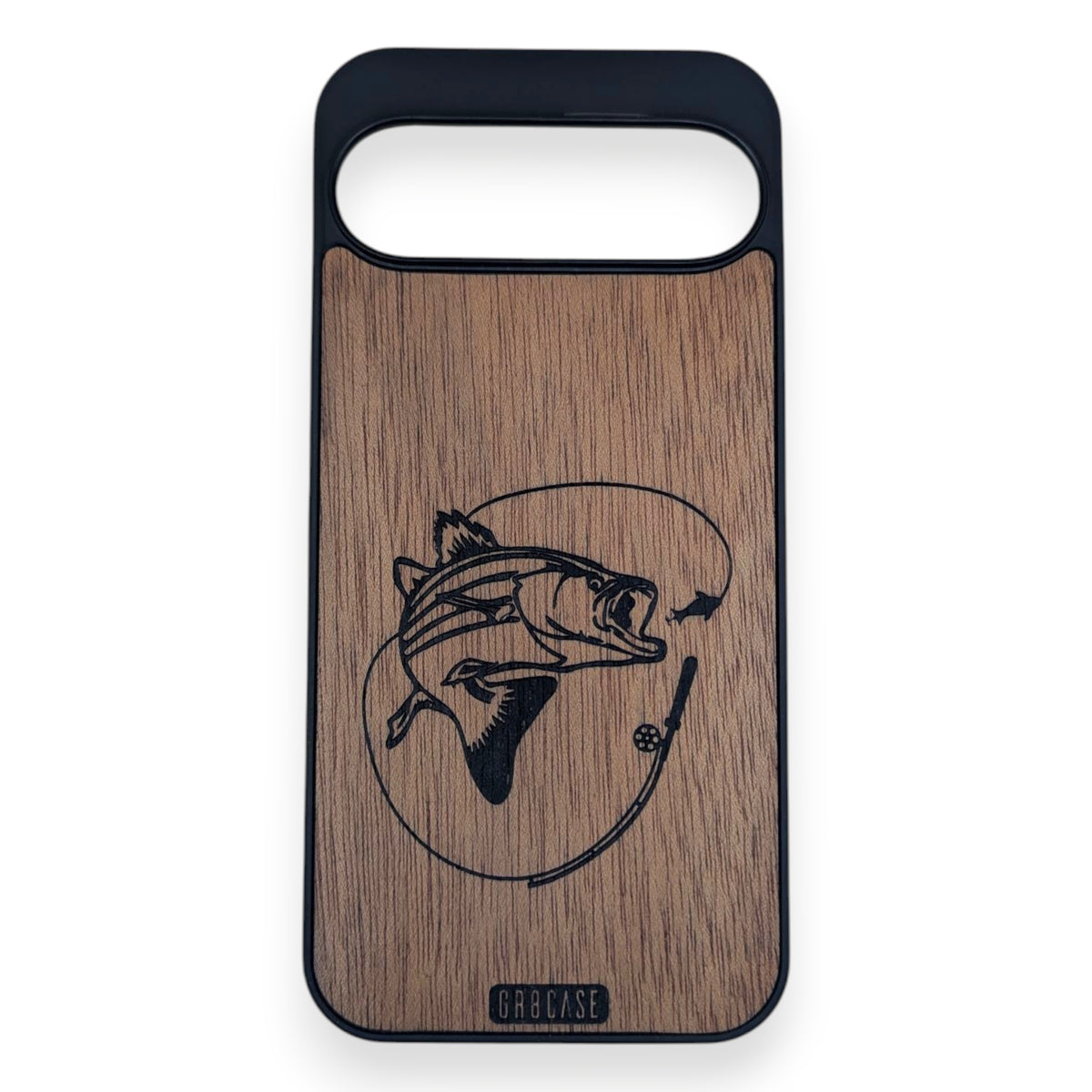 Laser engraved fish and reel wood phone case with rustic handmade detail