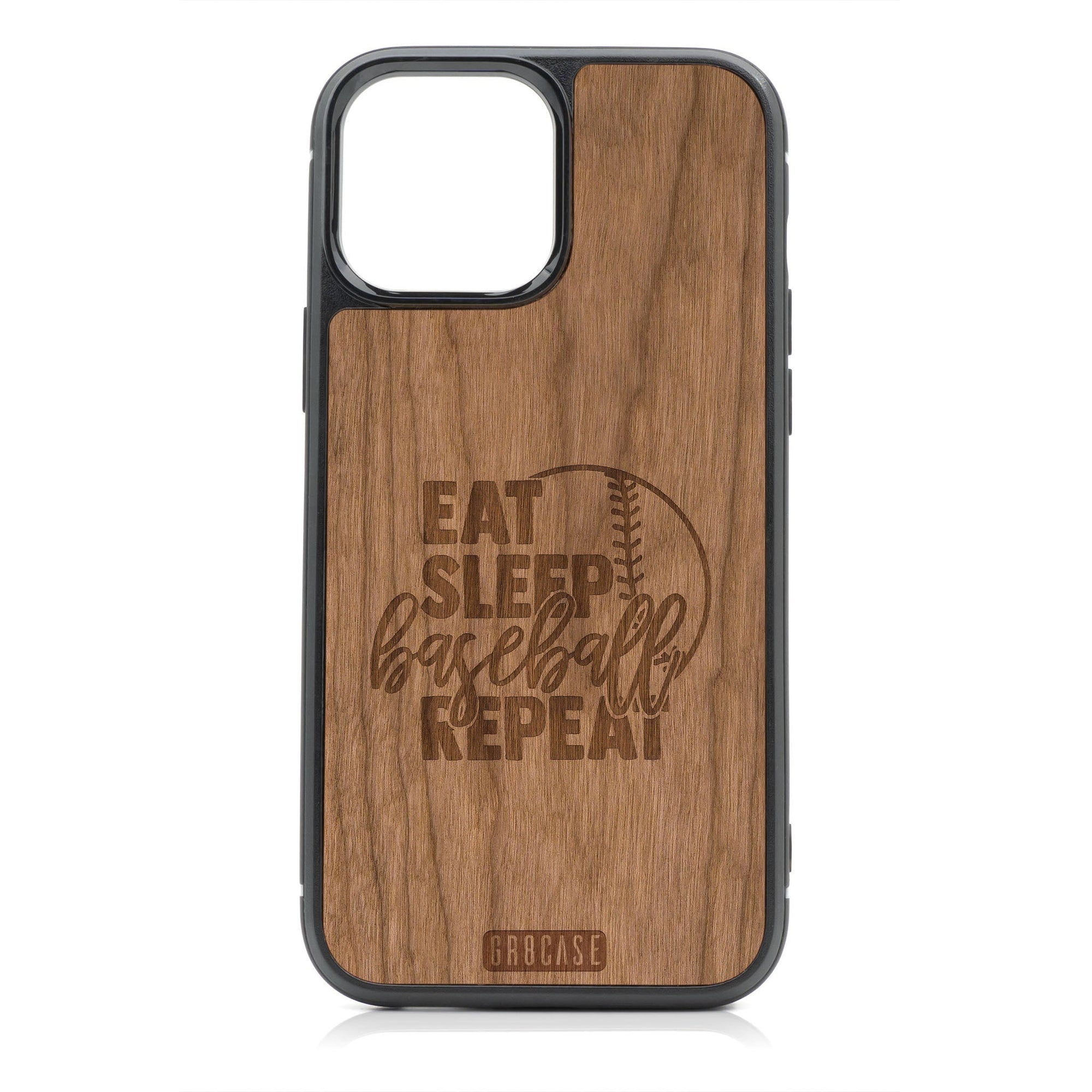 Eat Sleep Baseball Repeat Design MagSafe Compatible Wood Case For iPhone 16 Pro Max