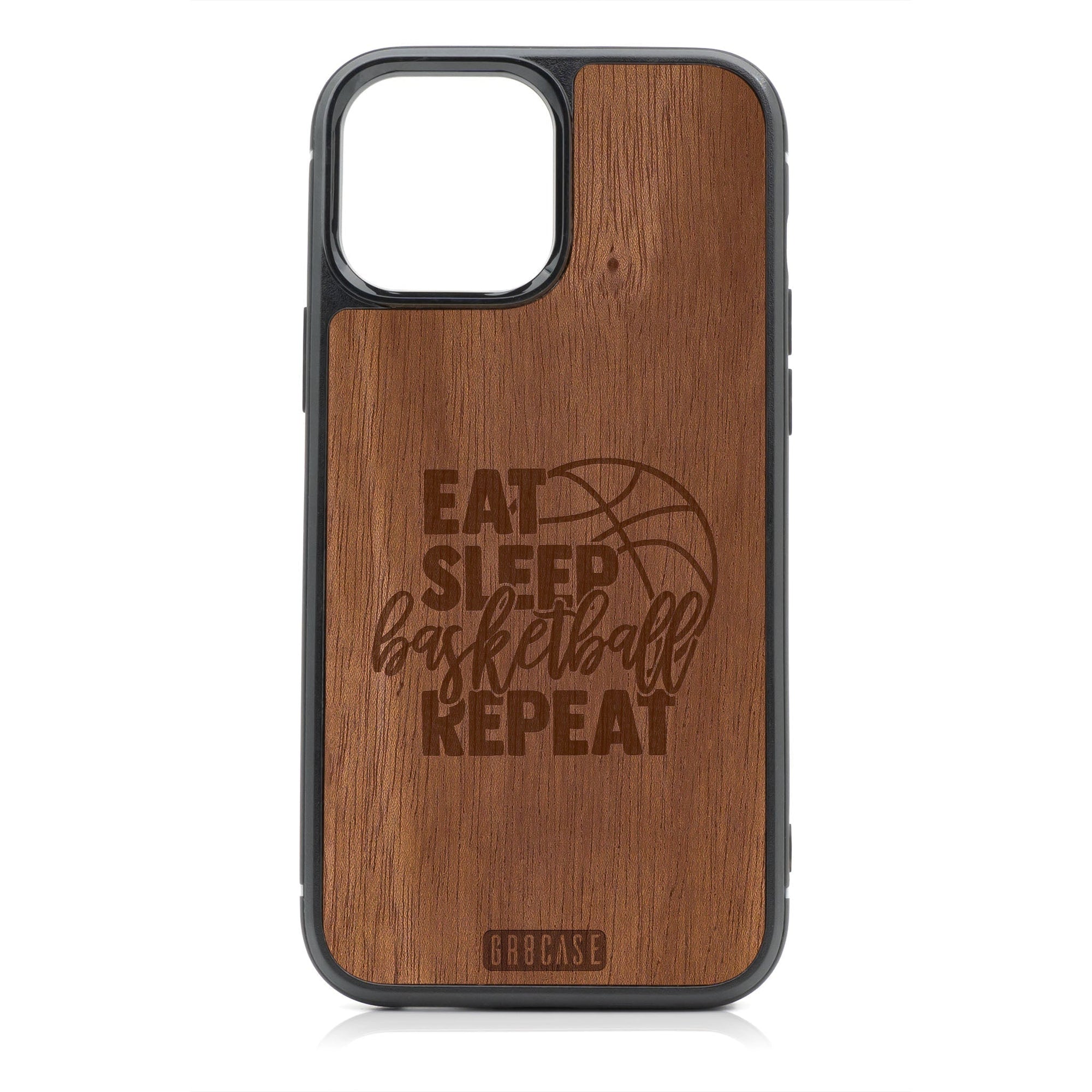 Eat Sleep Basketball Repeat Design MagSafe Compatible Wood Case For iPhone 16 Pro Max