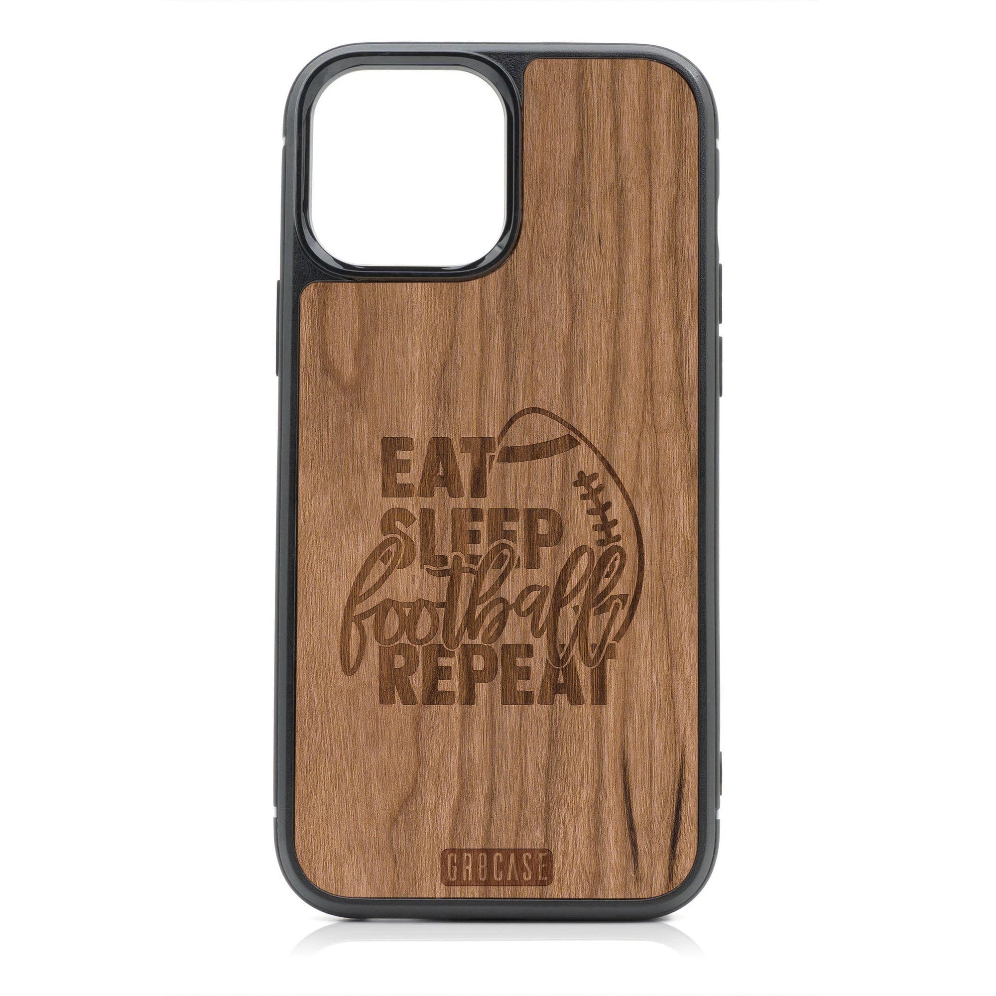 Eat Sleep Football Repeat Design MagSafe Compatible Wood Case For iPhone 16 Pro Max