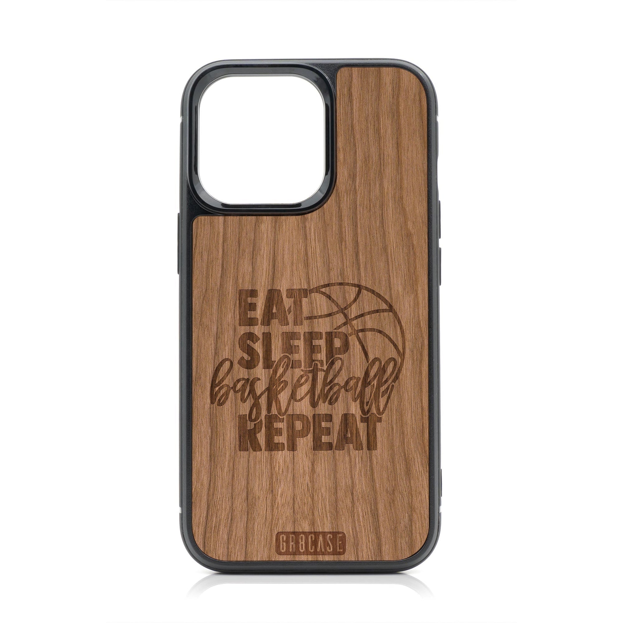 Eat Sleep Basketball Repeat Design MagSafe Compatible Wood Case For iPhone 16 Pro