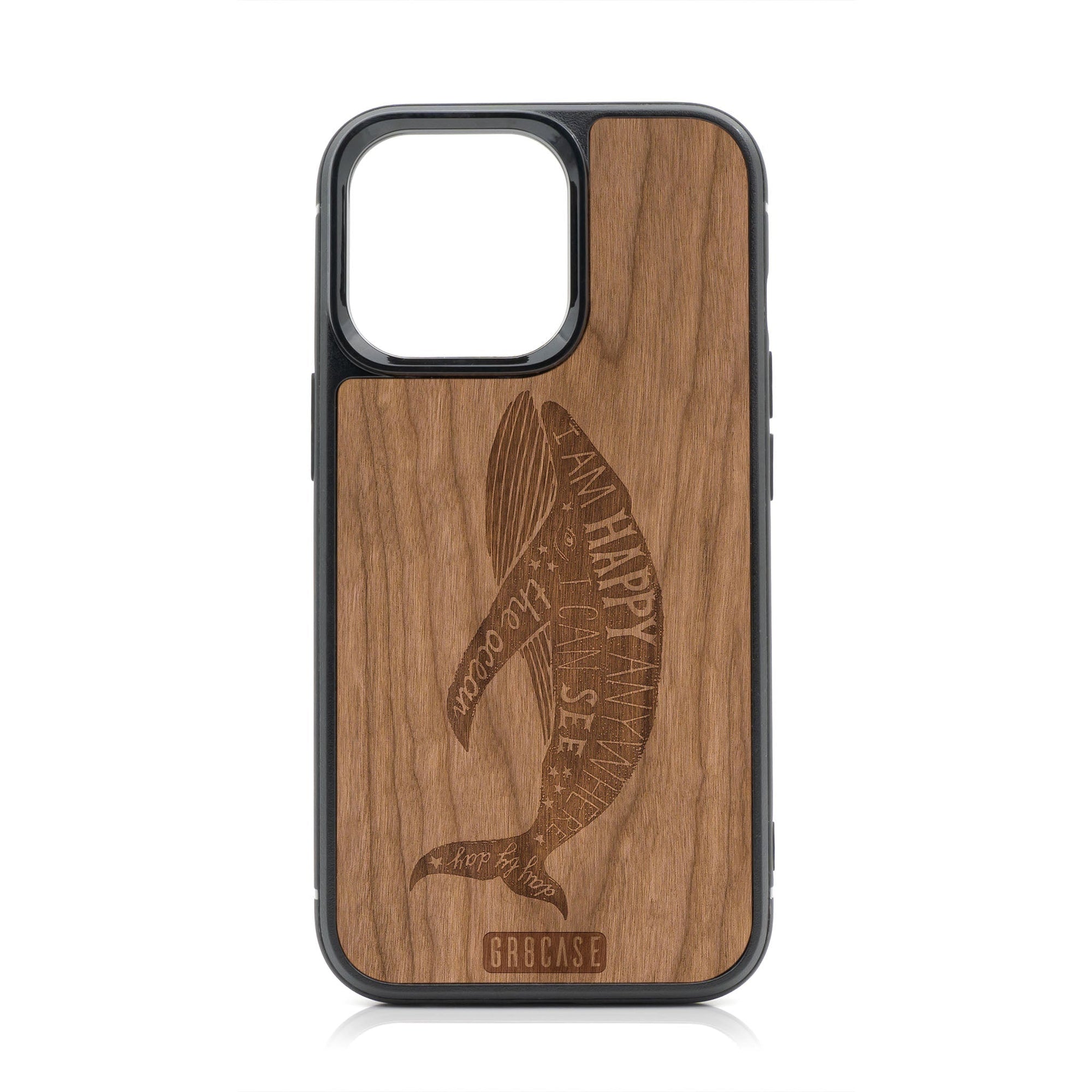 I'm Happy Anywhere I Can See The Ocean (Whale) Design MagSafe Compatible Wood Case For iPhone 16 Pro