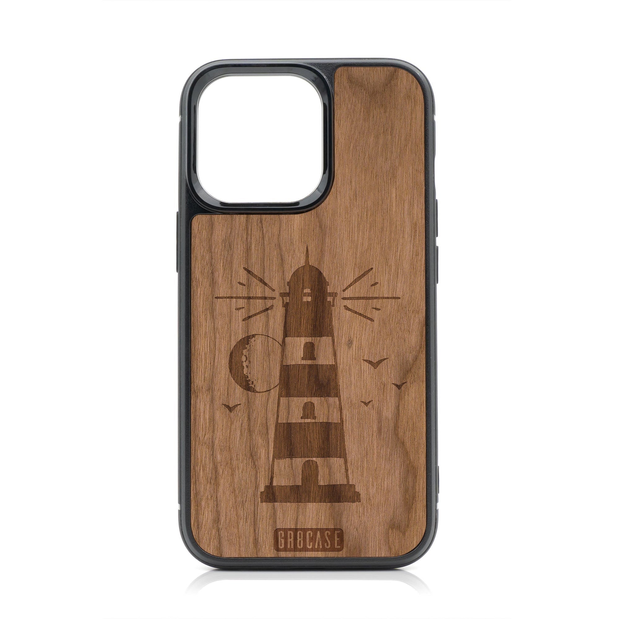 Midnight Lighthouse Design MagSafe Compatible Wood Case For iPhone 16 Pro