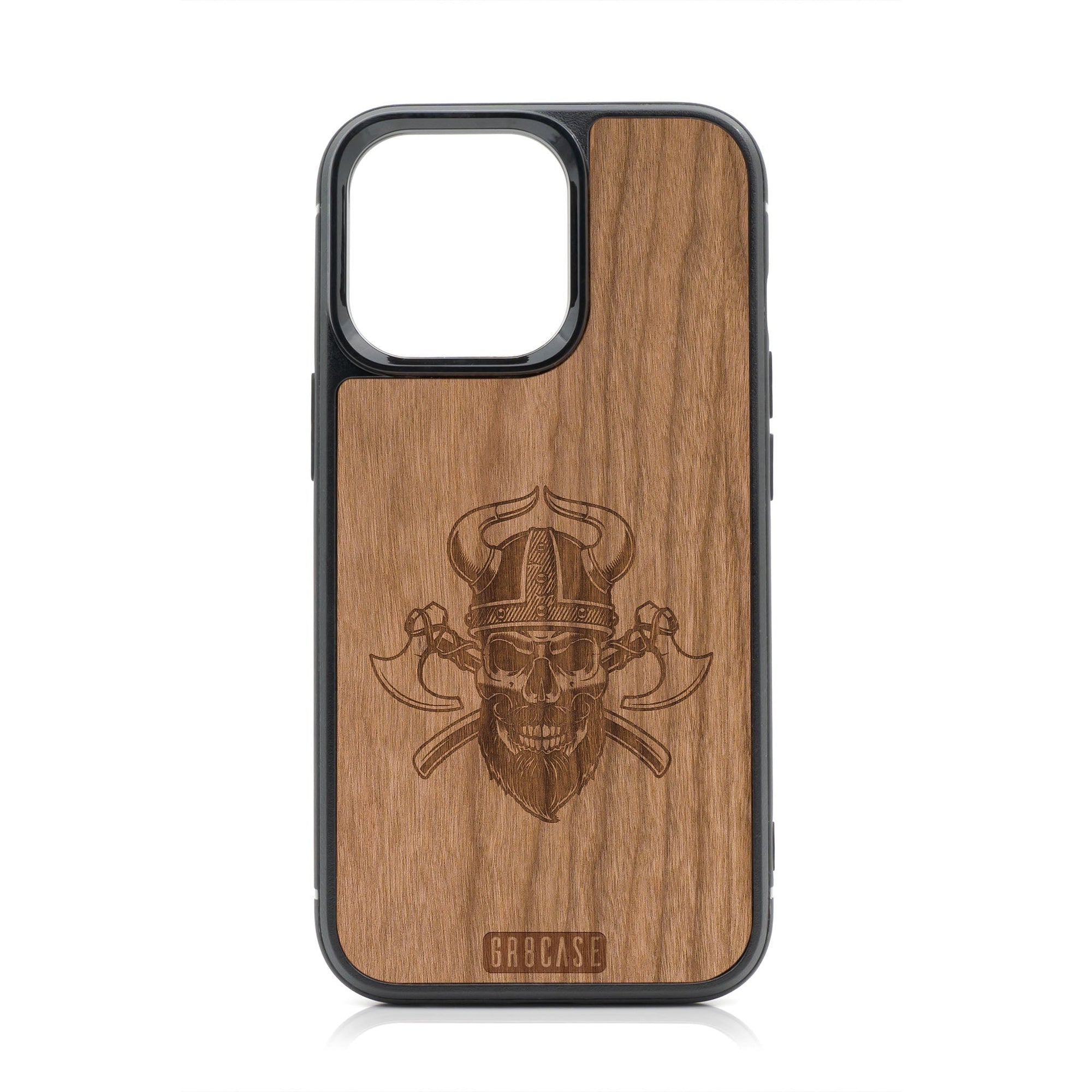 Viking Skull Design MagSafe Compatible Wood Case For iPhone 16 Pro